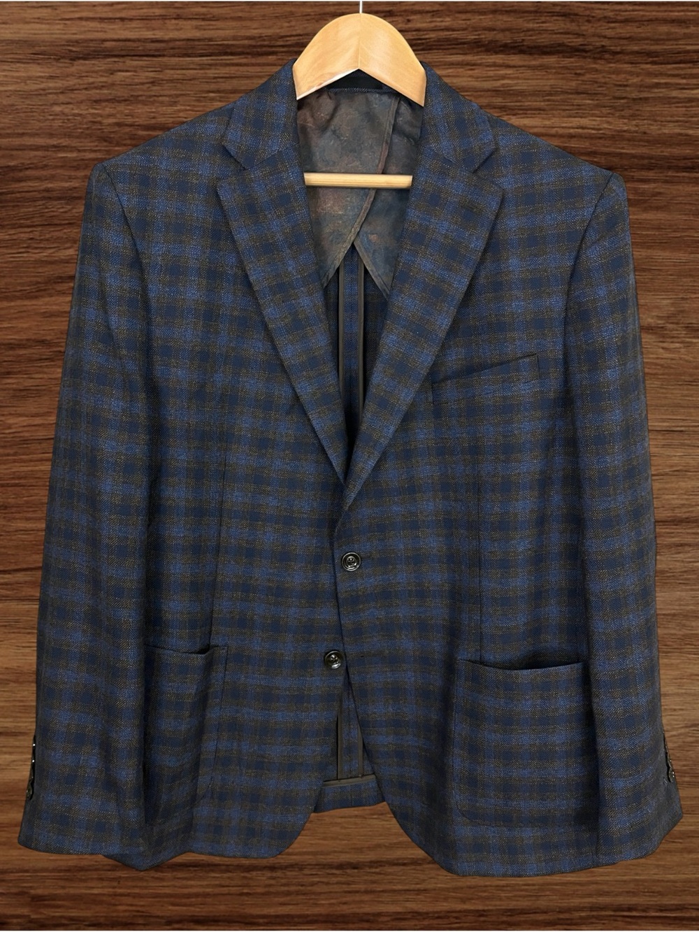 Tallia Navy Blue & Brown Plaid Sport Jacket Wool Blend Partial Lining 46R